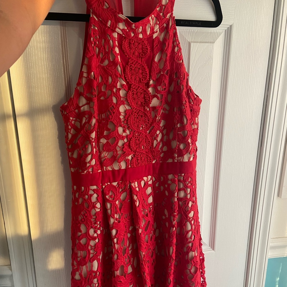Red dress from Francesca’s. Lace and sheer detailing. Perfect for Christmas.